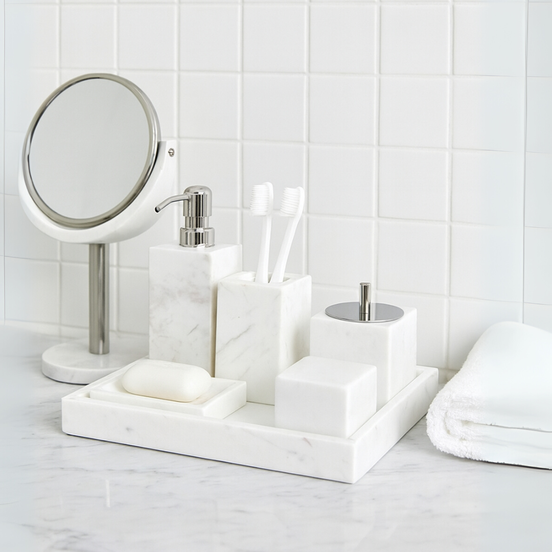 Luxury 6-Piece Marble Bathroom Set – Solid Stone Toiletry Organizer