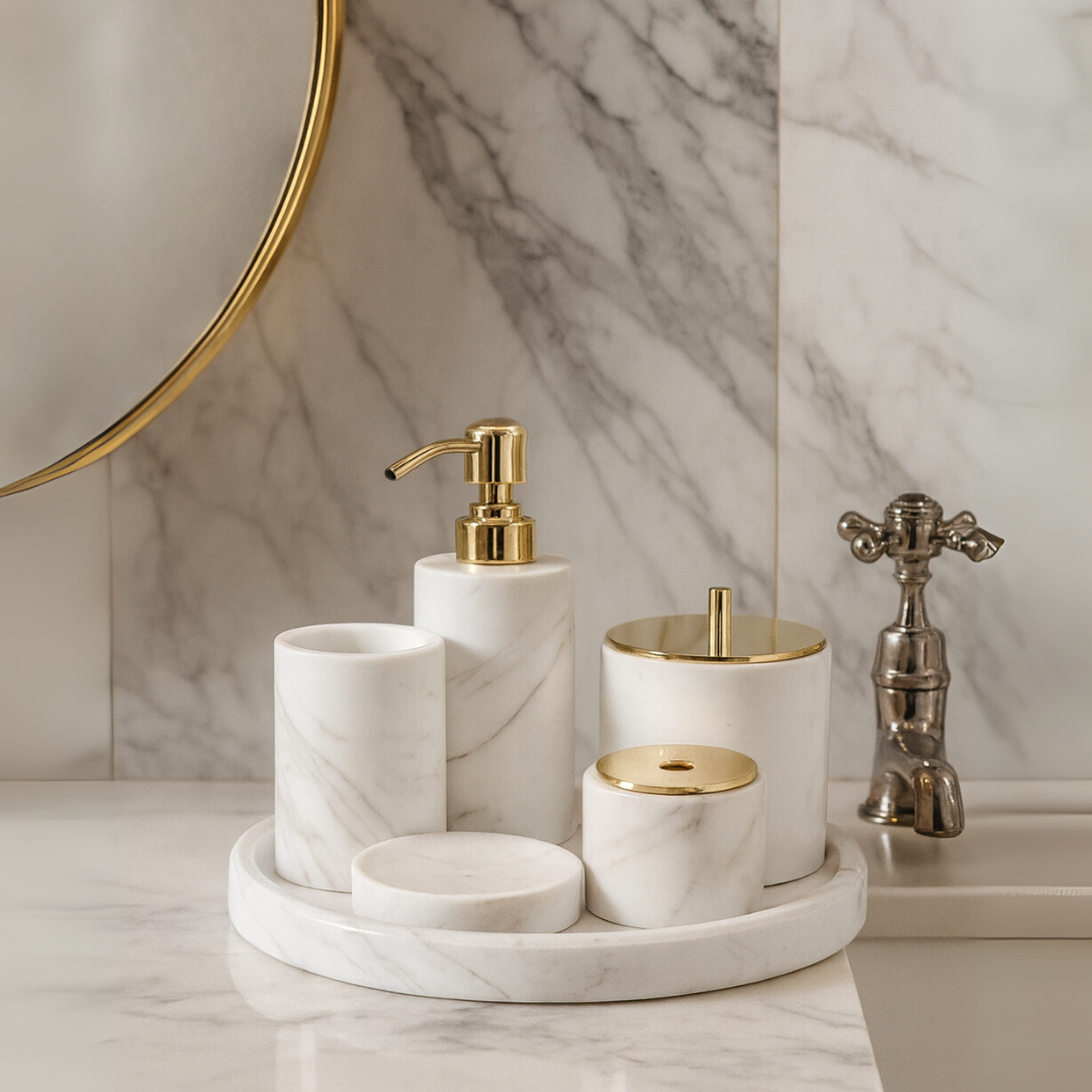 Luxury 6-Piece Marble Bathroom Set – Solid Stone Toiletry Organizer