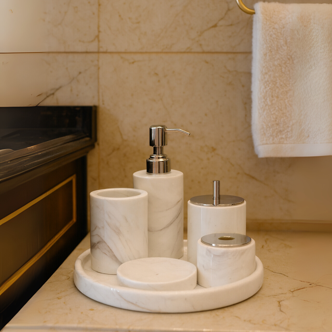Luxury 6-Piece Marble Bathroom Set – Solid Stone Toiletry Organizer
