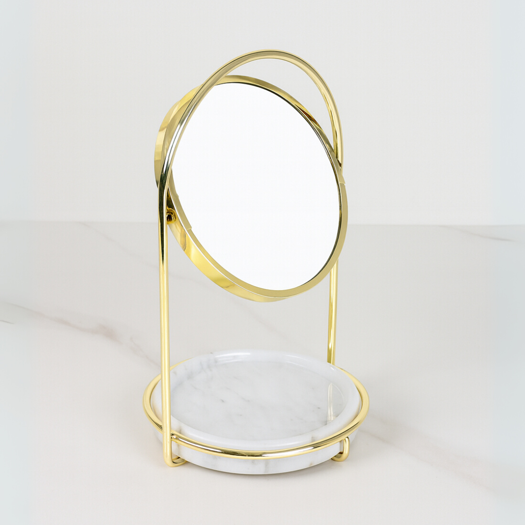 Elegant Marble Vanity Mirror with Tray – Dual-Tone Metal Finish