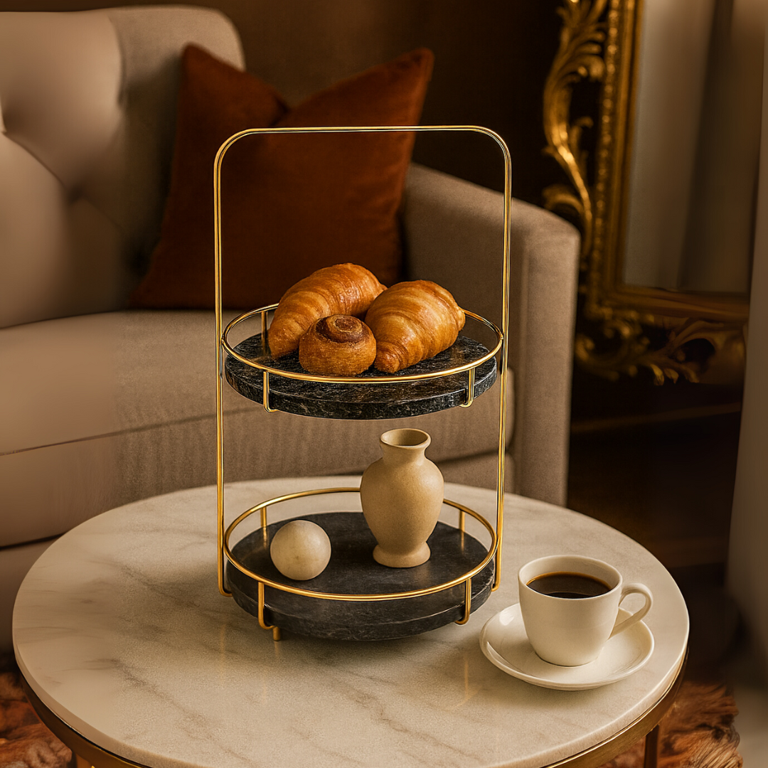 Maravilla Round Marble Double Tray with Handle