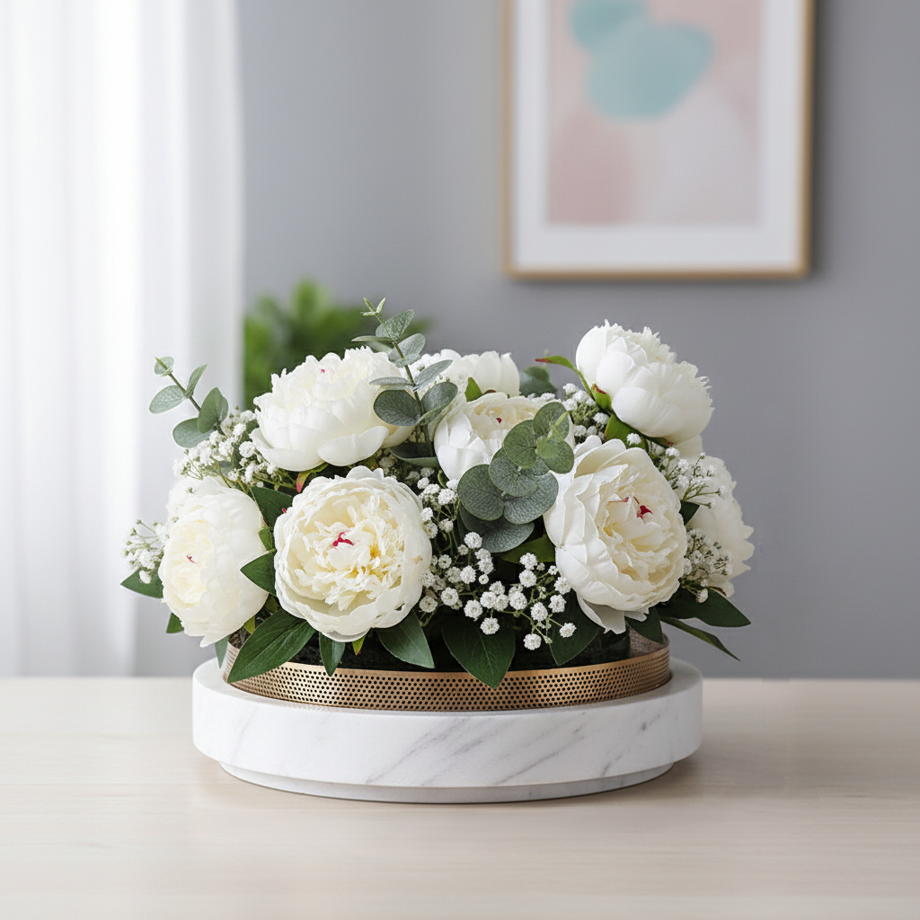 Geformter Marmor-Blumentopf mit Metallrand – 30x7 cm