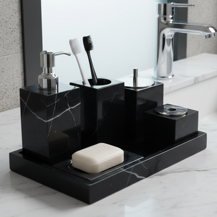 Marmor Badezimmer Set 6-teilig | Luxus Massivstein Toilettenartikel Organizer