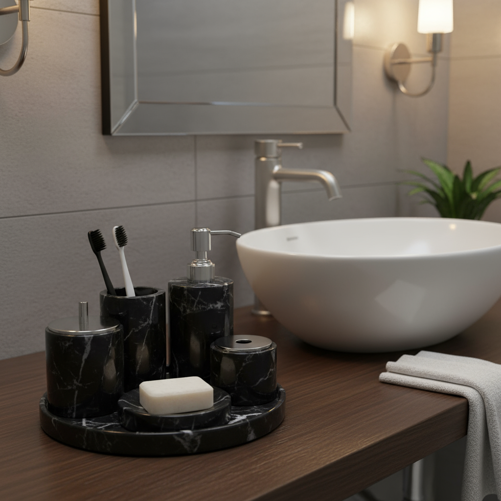 Marmor Badezimmer Set 6-teilig | Luxus Massivstein Toilettenartikel Organizer