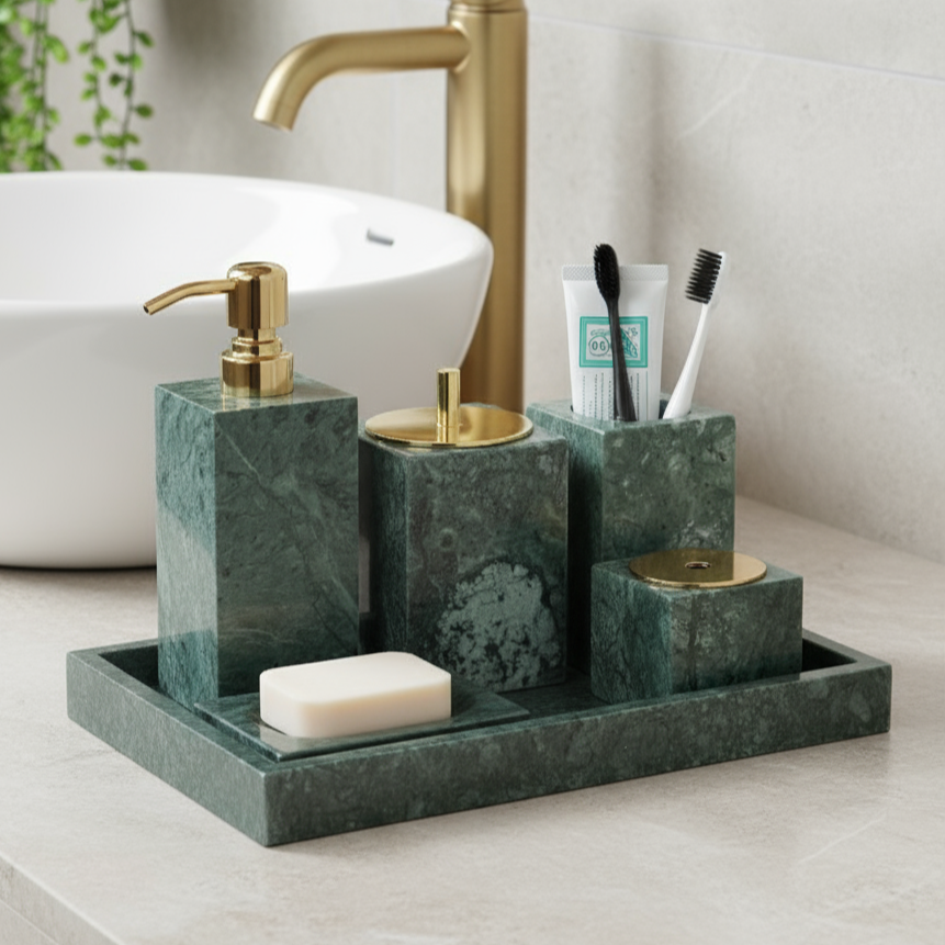 Marmor Badezimmer Set 6-teilig | Luxus Massivstein Toilettenartikel Organizer