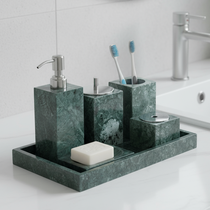 Marmor Badezimmer Set 6-teilig | Luxus Massivstein Toilettenartikel Organizer