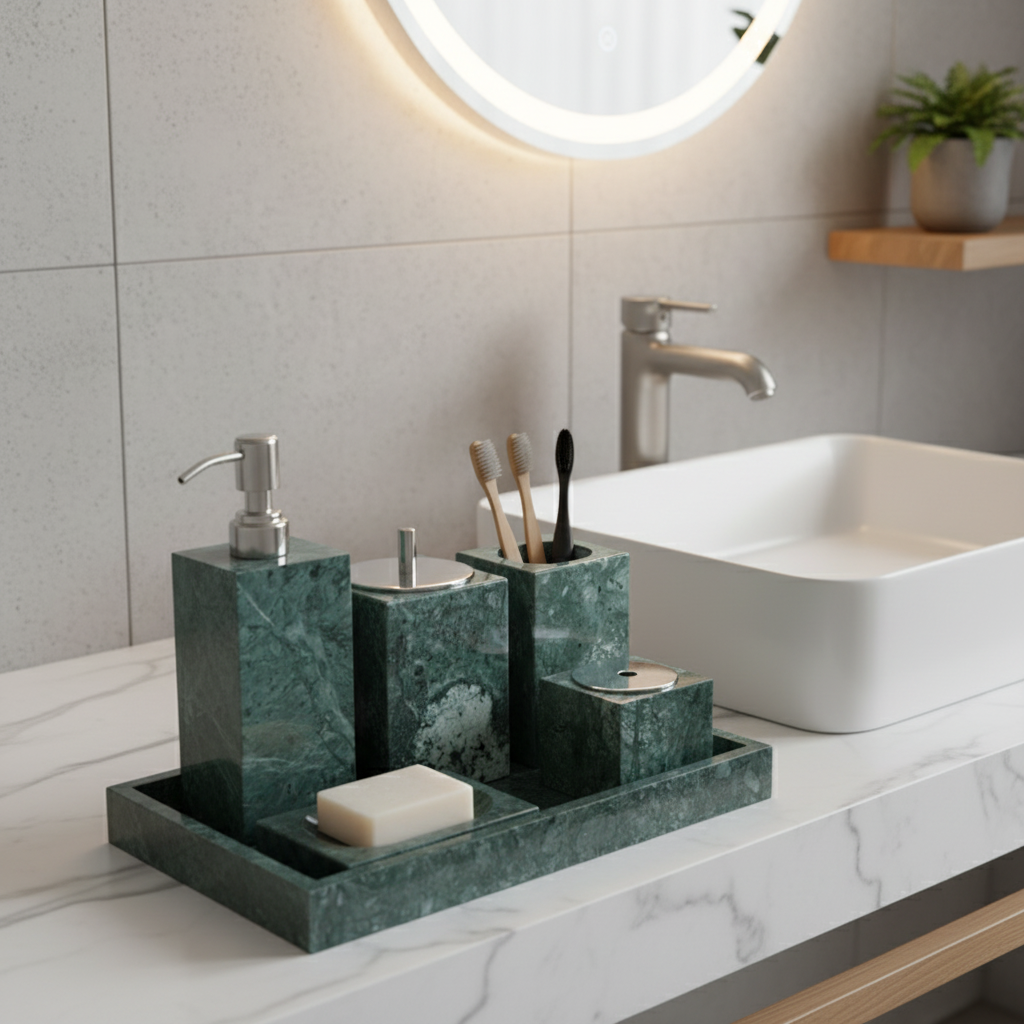 Marmor Badezimmer Set 6-teilig | Luxus Massivstein Toilettenartikel Organizer