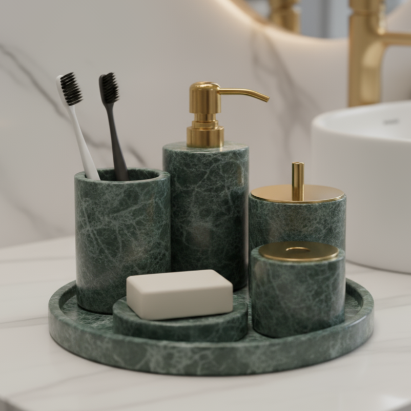 Marmor Badezimmer Set 6-teilig | Luxus Massivstein Toilettenartikel Organizer