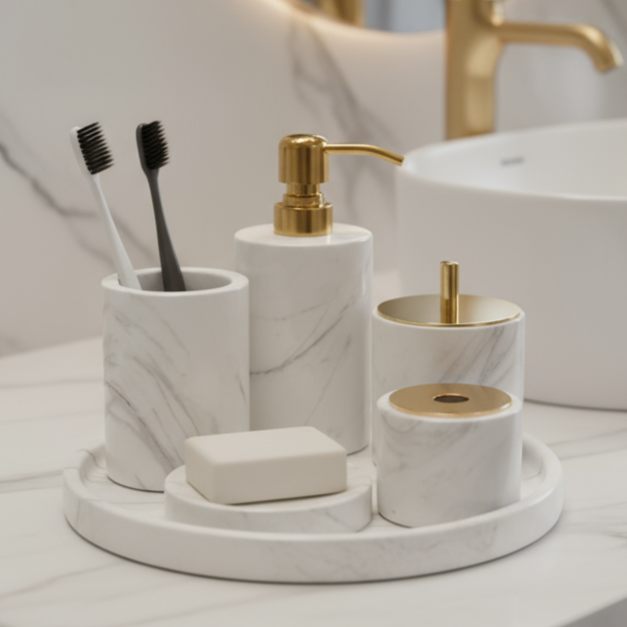 Marmor Badezimmer Set 6-teilig | Luxus Massivstein Toilettenartikel Organizer
