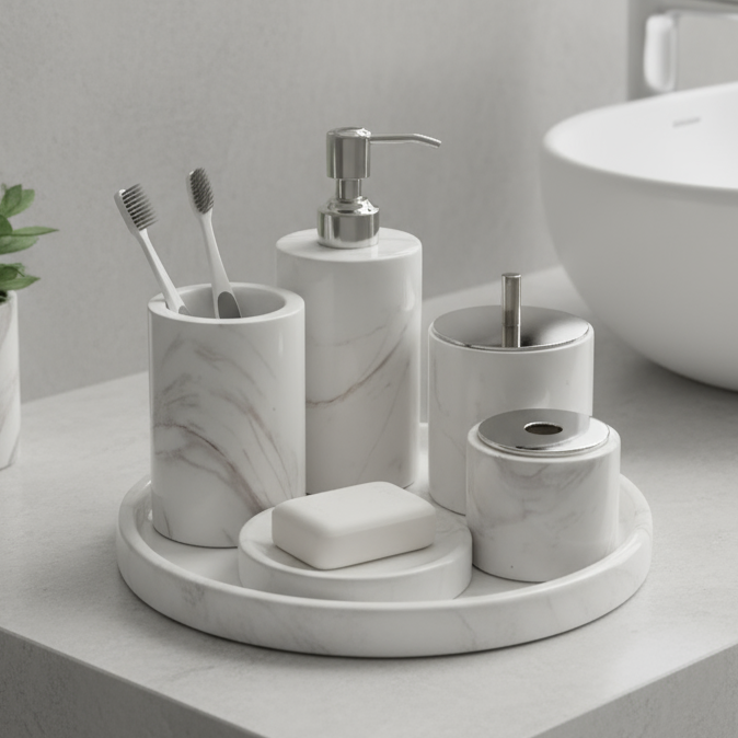 Marmor Badezimmer Set 6-teilig | Luxus Massivstein Toilettenartikel Organizer