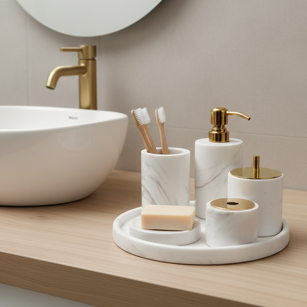 Marmor Badezimmer Set 6-teilig | Luxus Massivstein Toilettenartikel Organizer