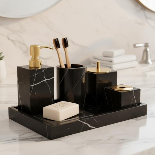 Marmor Badezimmer Set 6-teilig | Luxus Massivstein Toilettenartikel Organizer