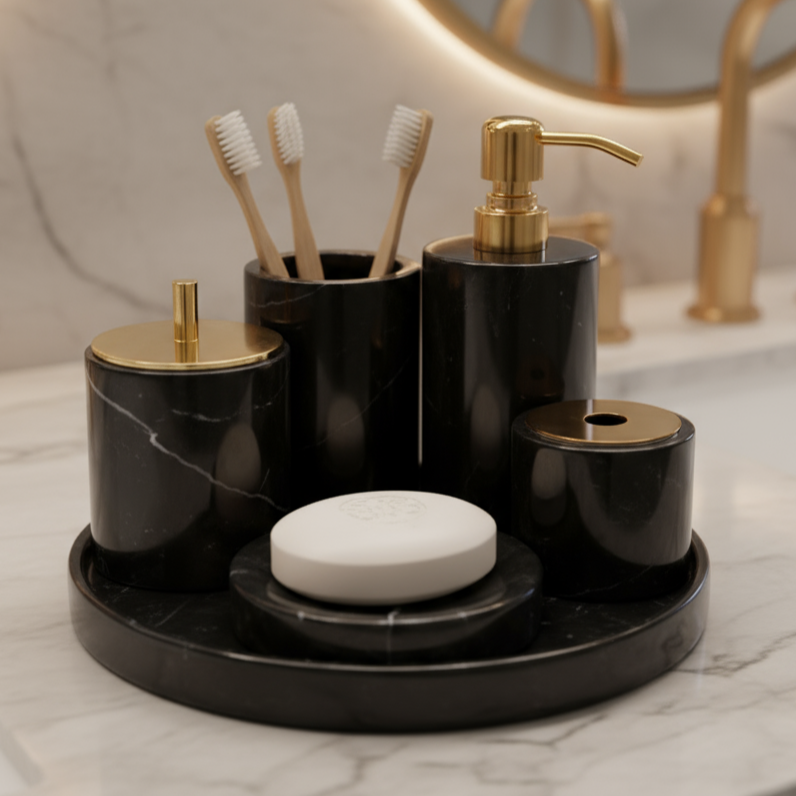 Marmor Badezimmer Set 6-teilig | Luxus Massivstein Toilettenartikel Organizer