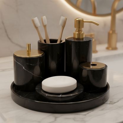 Marmor Badezimmer Set 6-teilig | Luxus Massivstein Toilettenartikel Organizer