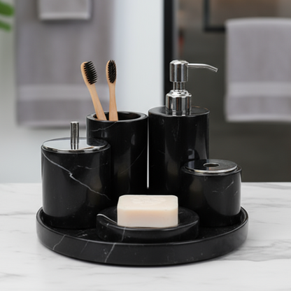 Marmor Badezimmer Set 6-teilig | Luxus Massivstein Toilettenartikel Organizer