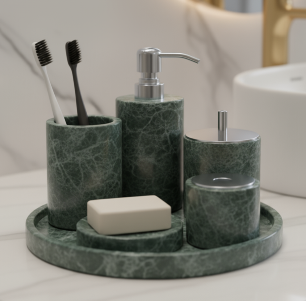 Marmor Badezimmer Set 6-teilig | Luxus Massivstein Toilettenartikel Organizer