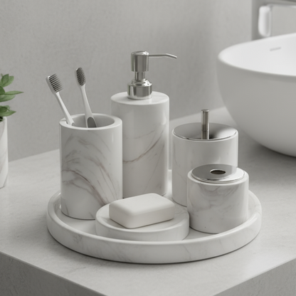 Marmor Badezimmer Set 6-teilig | Luxus Massivstein Toilettenartikel Organizer