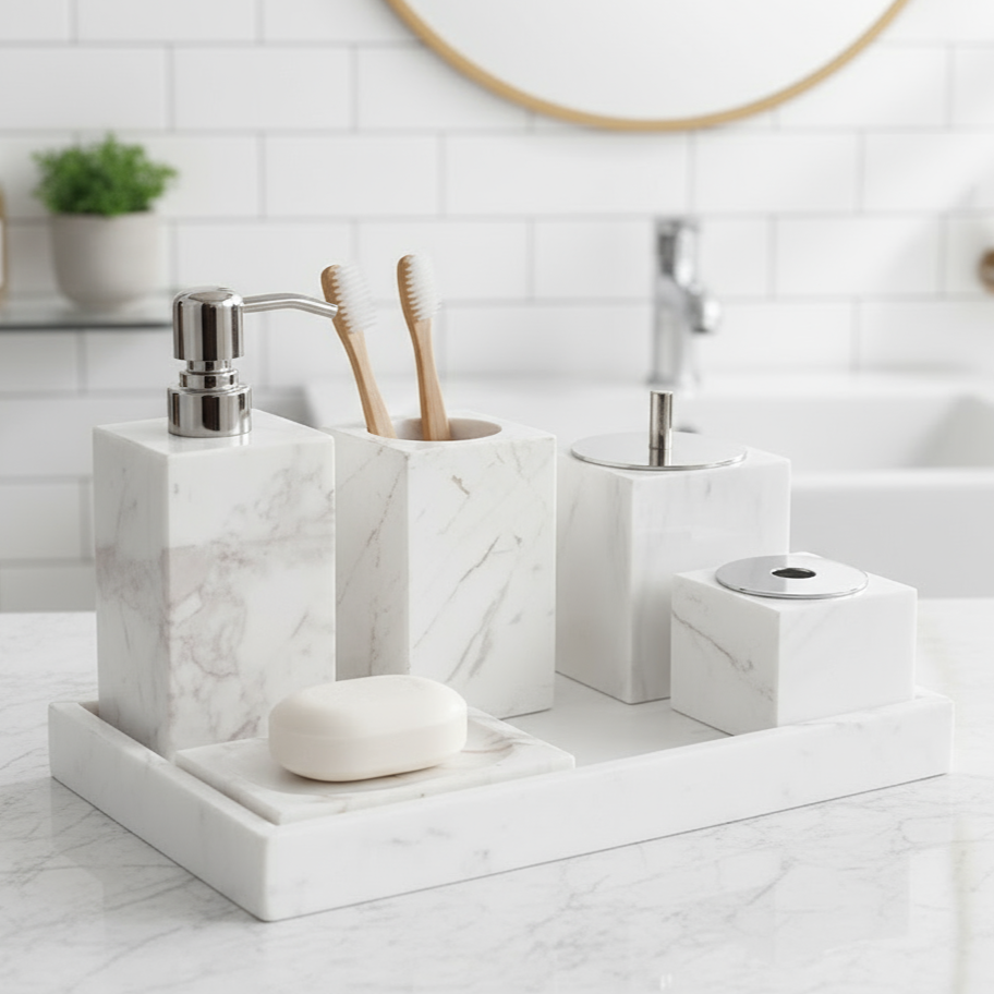 Marmor Badezimmer Set 6-teilig | Luxus Massivstein Toilettenartikel Organizer