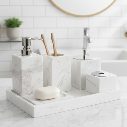 Marmor Badezimmer Set 6-teilig | Luxus Massivstein Toilettenartikel Organizer
