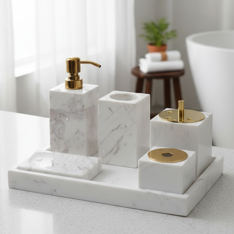 Marmor Badezimmer Set 6-teilig | Luxus Massivstein Toilettenartikel Organizer