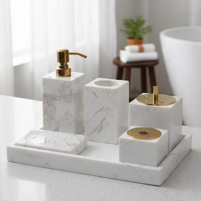 Marmor Badezimmer Set 6-teilig | Luxus Massivstein Toilettenartikel Organizer
